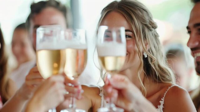 Attractive blond woman toasting with champagne at a wedding party