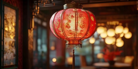 A red Chinese lantern with intricate gold detailing on a neutral background. Ideal for Lunar New Year, cultural events, and traditional decorations.