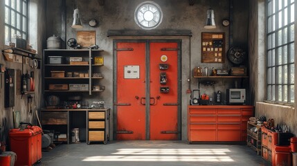 Workshop with red doors.