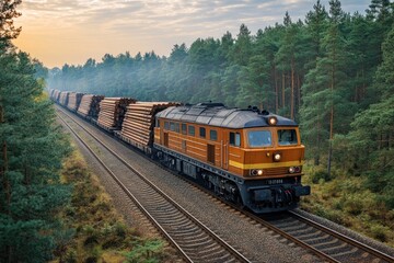 Obraz premium Log train through forest at sunrise.