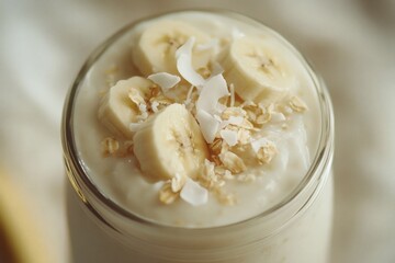 A minimalist glass jar with almond milk oatmeal, coconut flakes, and banana slices.