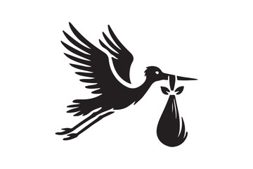 silhouette of stork holding a baby basket icon