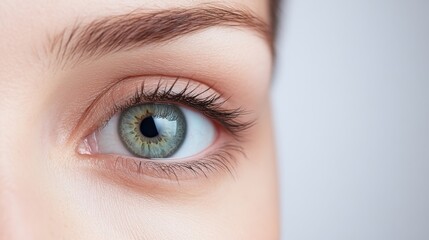 Fototapeta premium Close-Up of Beautiful Human Eye with Striking Blue Iris and Natural Lashes on Light Background