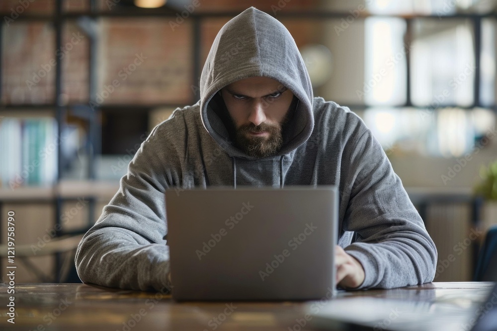 Poster computer programmer developing malware using laptop while wearing hoodie