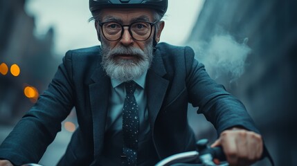 Fototapeta premium A senior businessman riding a bicycle in an urban area. Perfect for themes of eco-friendly commuting, healthy lifestyle, and professional work-life balance.