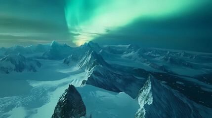 Obraz premium A frozen world with expansive glaciers, frosty oceans, and colorful auroras illuminating the sky, seen from a distant mountain peak,. Aurora Peak. Illustration