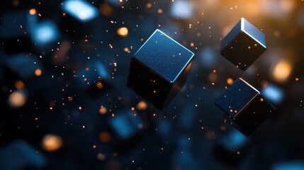 Abstract floating black cubes with particles.