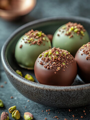 Obraz premium Indulgent gourmet pistachio bon-bons crafted with rich chocolate decadence