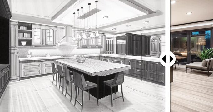 Before and After Slider Revealing Completed Custom Kitchen Under Unfinished Construction. Generative AI Kitchen Images Used.
