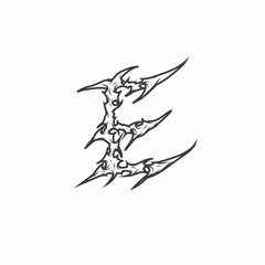 E, sharp tribal letter vector design with bold jagged edges and abstract forms, perfect for tattoos, music merchandise, and t-shirt graphics