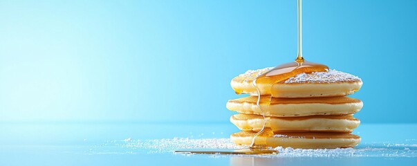 A stack of golden pancakes drenched in syrup on a light blue background, evoking a sense of delicious breakfast indulgence.