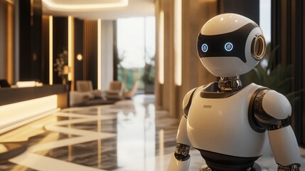 Futuristic robot stands in a modern hotel lobby with sleek design and soft lighting