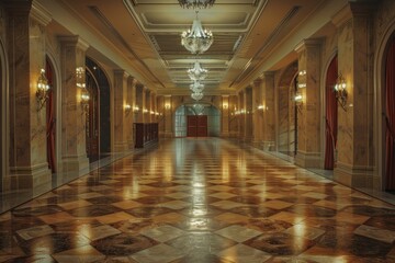 Fototapeta premium Elegant interior of a palace hall featuring crystal chandeliers, marble floor, and ornate wall sconces, creating a luxurious and opulent atmosphere