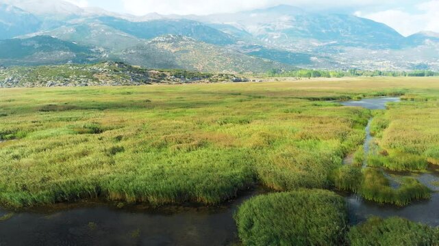 Aerial view of Stymphalia lake, located in the north-eastern part of the Peloponnese, in Corinthia, southern Greece, place where Hercules shot down the Stymfalian Birds according to the ancient myth.