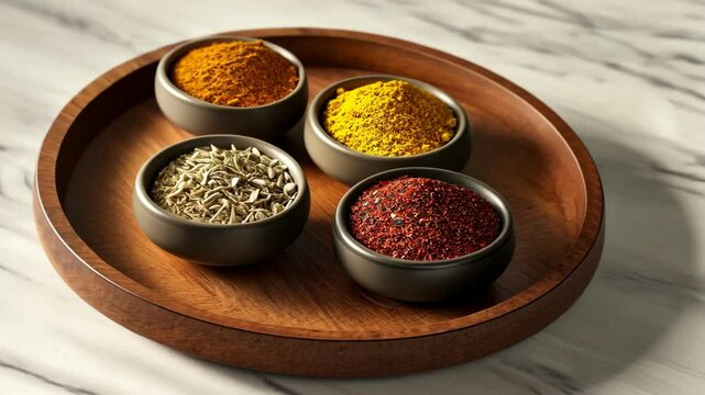 Colorful spices displayed in bowls on a wooden tray highlighting culinary diversity and flavor richness