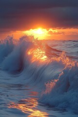 Ocean wave backlit by fiery sunset.