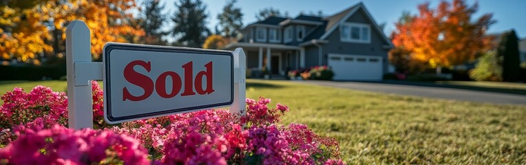 A "Sold" sign in front of a modern home with flowers. Great for real estate, home sales, and property success visuals.