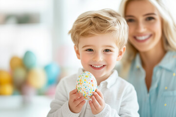A young boy beams with pride as he displays his colorful, hand-painted Easter egg to his delighted parents in a sunny, cheerful setting. The family enjoys a festive atmosphere together