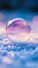 Macro view of a soap bubble resting on a frosty surface, glowing with iridescent pastel hues of pink, blue, and orange, showcasing delicate textures and natural beauty
