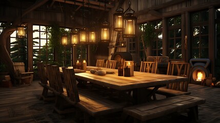 Fototapeta premium A rustic farmhouse kitchen with reclaimed wood vintage furniture and a warm, inviting atmosphere, alongside a rustic dining room with large wooden accents and reclaimed wood elements.