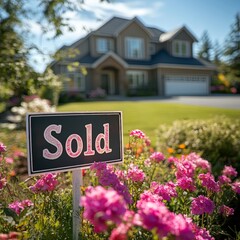A "Sold" sign in front of a modern home with flowers. Great for real estate, home sales, and property success visuals.