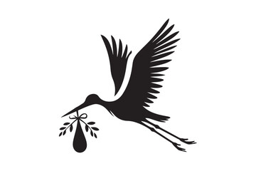 silhouette of stork holding a baby basket icon