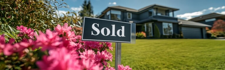 A "Sold" sign in front of a modern home with flowers. Great for real estate, home sales, and property success visuals.