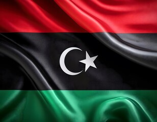 Naklejka premium Vibrant Libya flag waving with luxurious satin texture - Patriotic and cultural symbol