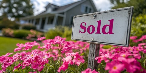 A "Sold" sign in front of a modern home with flowers. Great for real estate, home sales, and property success visuals.