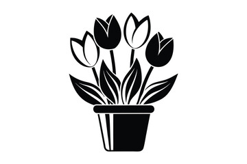 Set of Tulip Flower Vector Silhouette, Tulip Flower on the Pot Vector Illustration Design and Decoration