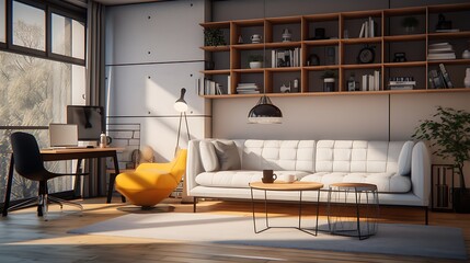  A small space featuring multi-functional furniture and modern decor, offering a stylish and efficient living solution in a compact environment.