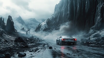 Rugged landscape features a car navigating a desolate road surrounded by dramatic mountains
