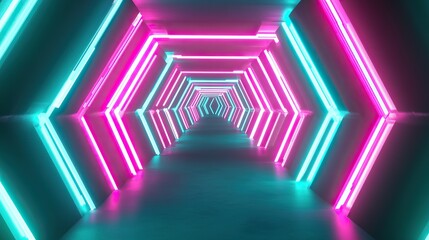 An infinite tunnel of glowing hexagonal prisms of alternating neon lights