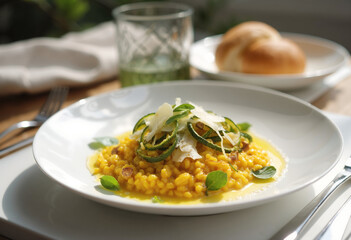 Creamy Saffron Barley Risotto with Crispy Zucchini and Shaved Parmesan