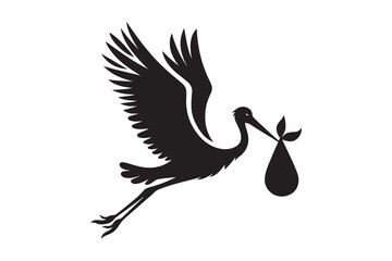 silhouette of stork holding a baby basket icon