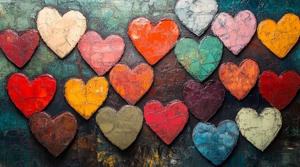Obraz premium A colorful collection of watercolor hearts in warm tones. Ideal for Valentine's Day designs, romantic themes, and emotional connection visuals.