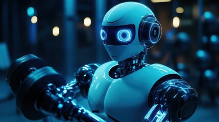 Naklejka premium Futuristic Robot Lifting Weights in a Gym Setting, showcasing Technological Advancement and Artificial Intelligence