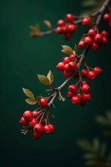Fototapeta premium Cotoneaster in winter with bright red berries on a dark green backdrop, berries, still life, winter