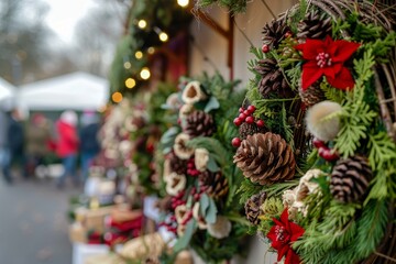 Fototapeta premium Beautiful christmas wreaths adorned with pine cones, red berries, and poinsettias, hanging at a holiday market stall