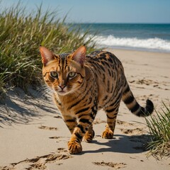 Obraz premium katze kleiner tiger leopard kater optik Pretty stray cat on the Bosphorus embankment in Istanbul. Turkey Fishing Cat near a riverbank, capturing its focused stance and natural habitat.
