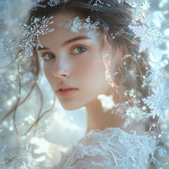 Beautiful woman surrounded by glowing snowflakes, illuminated by cool-toned light in a dreamy winter setting, evoking elegance, seasonal magic, and serene beauty