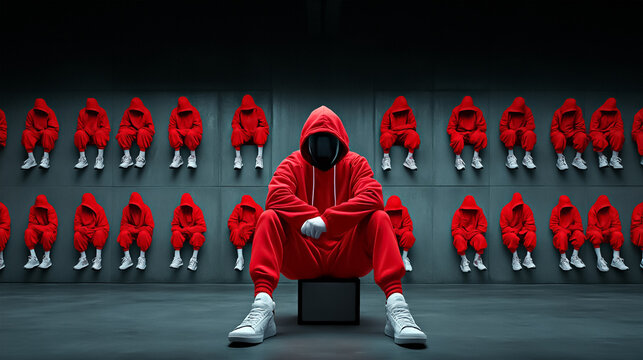 Anonymous man figure in black face mask and red hoodie overalls sitting in dark futuristic prison cell, surrounded by mysterious faceless persons