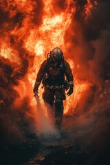 A brave firefighter sprays water to extinguish a large fire, wearing protective gear created by ai