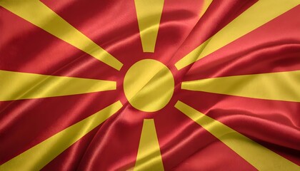 Vibrant North Macedonia flag waving with luxurious satin texture - Patriotic and cultural symbol