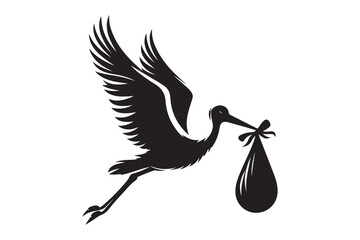 silhouette of stork holding a baby basket icon