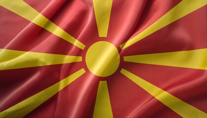Vibrant North Macedonia flag waving with luxurious satin texture - Patriotic and cultural symbol