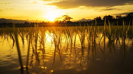 Obraz premium Rice plants in a paddy field at sunset. Highlighting the beauty and tranquility of the landscape. Ideal for nature magazines and environmental articles.