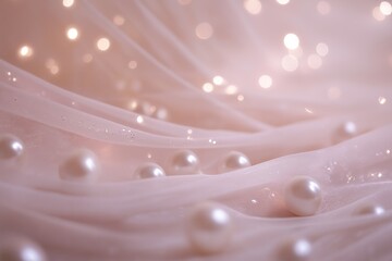 Soft pink fabric background with scattered pearls, romantic background