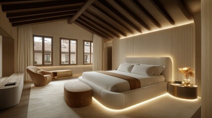 Luxurious bedroom, city view, modern design, hotel suite