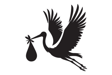 silhouette of stork holding a baby basket icon